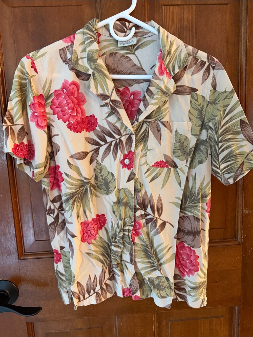 Vintage Tropical Floral Button-Up Shirt Peach Blooms Classic Elements Hawaiian